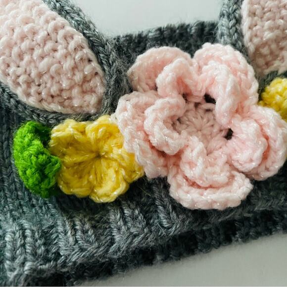 Hand Knit Bunny Ear Headband Ear Warmers Floral Like New Toddler - Picture 3 of 4